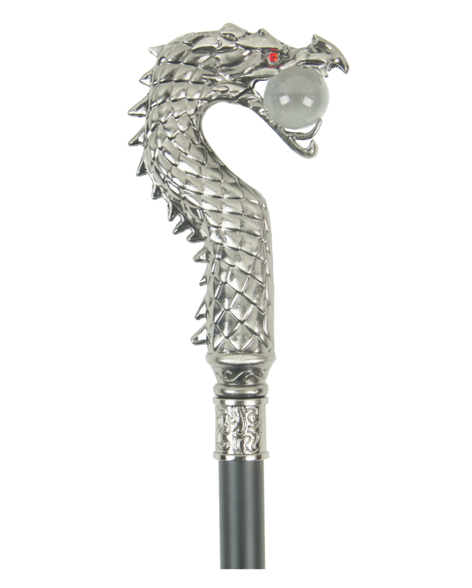 Gehstock silberner Drache mit roten Augen 1 Gehstock silberner Drache mit roten Augen