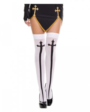 Gothic Kreuz Overknees weiß-schwarz