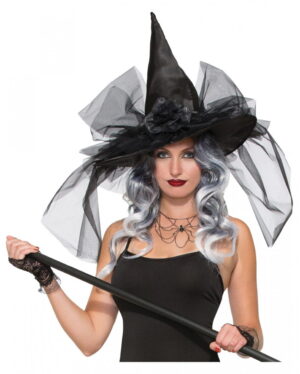 Hexenhut mit Glitzerborte & Rose