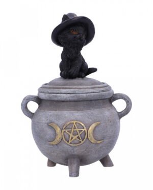 Schwarze Katze mit Hexenkessel Schatulle 14cm