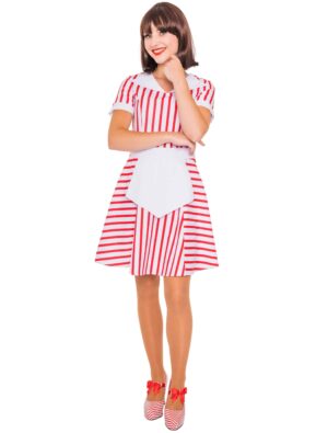 Kleid gestreift mit Kragen und Schürze rot/weiß L