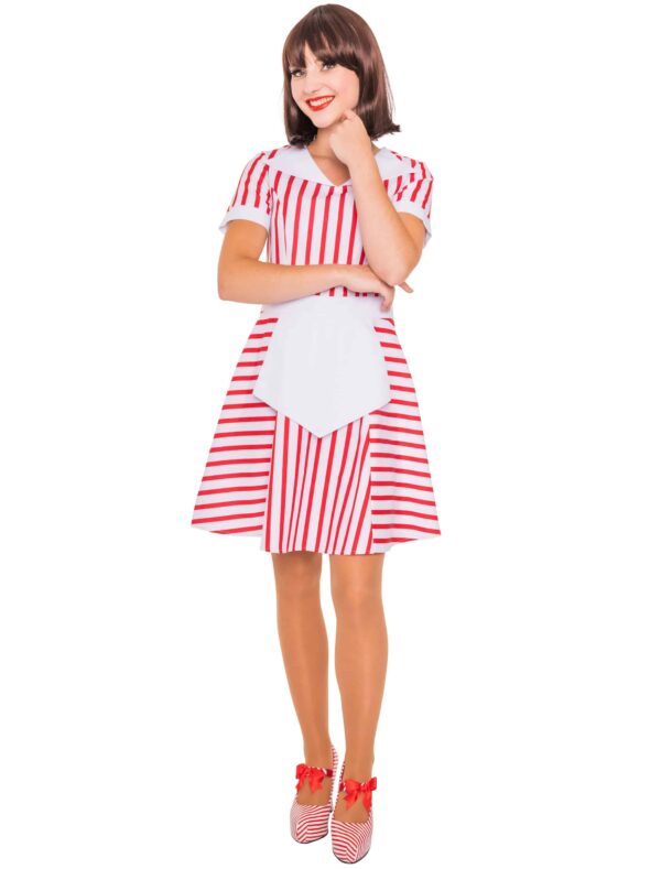 Kleid gestreift mit Kragen und Schürze rot/weiß L