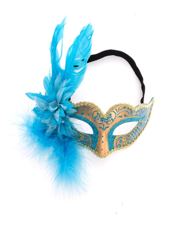 Kostümzubehör Augenmaske mit Blume und Feder gold/türkis