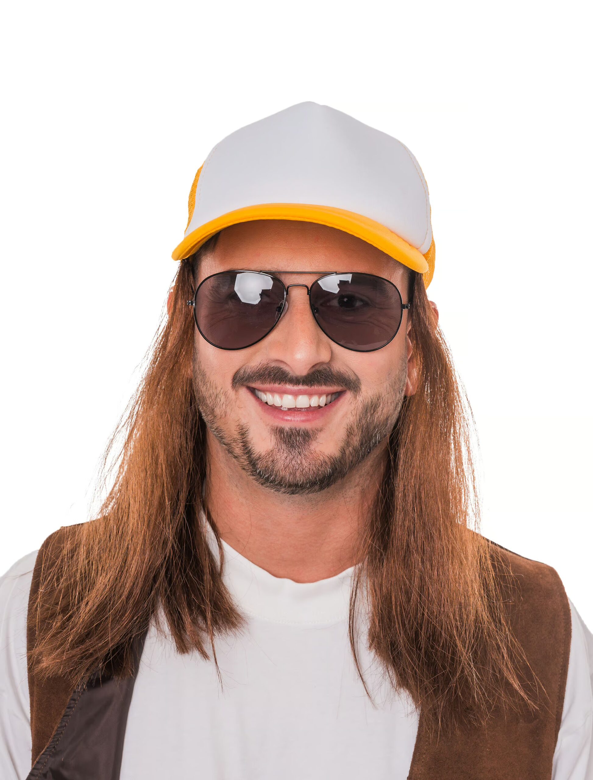 Kostümzubehör Baseballcap mit Haaren gelb/weiß 1 Kostümzubehör Baseballcap mit Haaren gelb/weiß