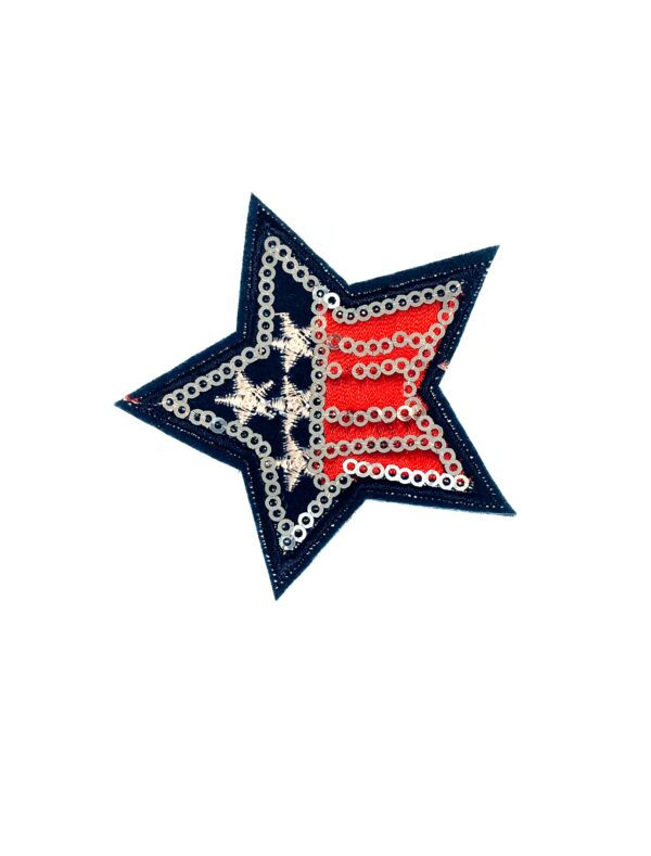 Kostümzubehör Bügelpatch Stern mit Pailletten 7cm Farbe: rot/weiß/blau