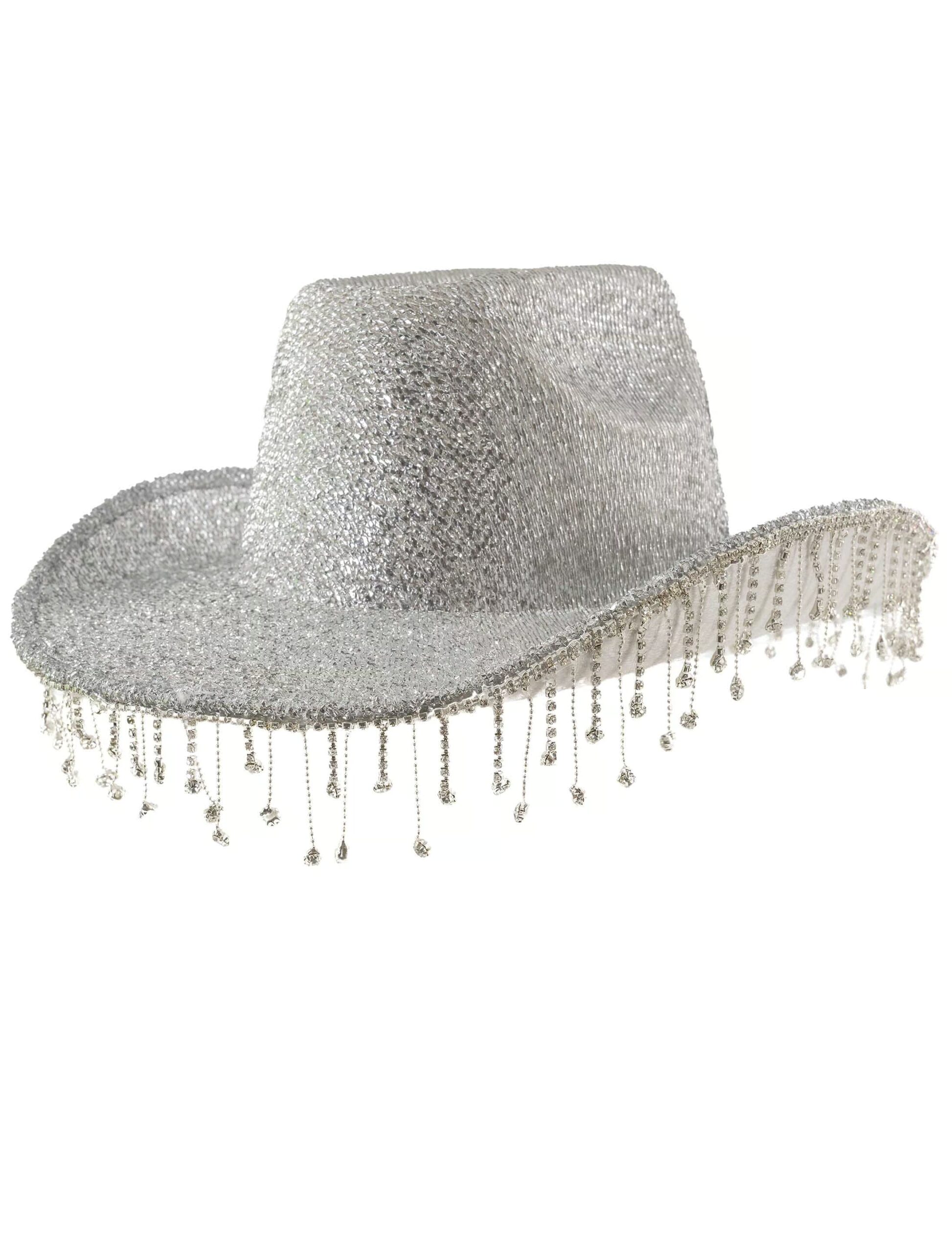 Kostümzubehör Cowboyhut mit Strassfransen silber 58 1 Kostümzubehör Cowboyhut mit Strassfransen silber 58
