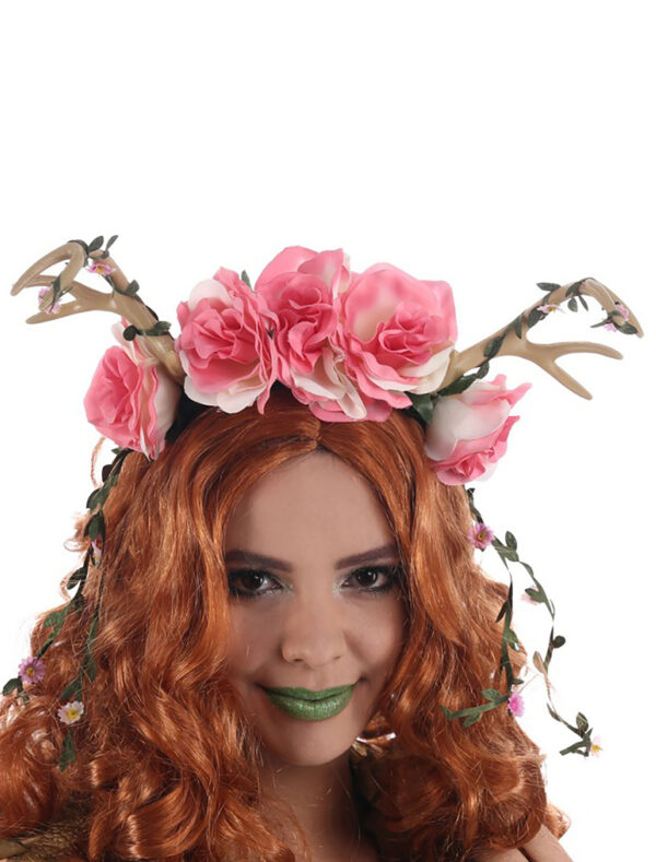 Kostümzubehör Haarreif Geweih mit Blumen grün/rosa