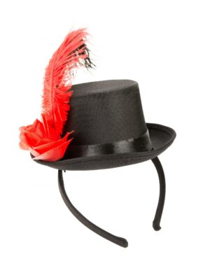 Kostümzubehör Haarreif Mini Zylinder mit Blume & Feder schwarz/rot