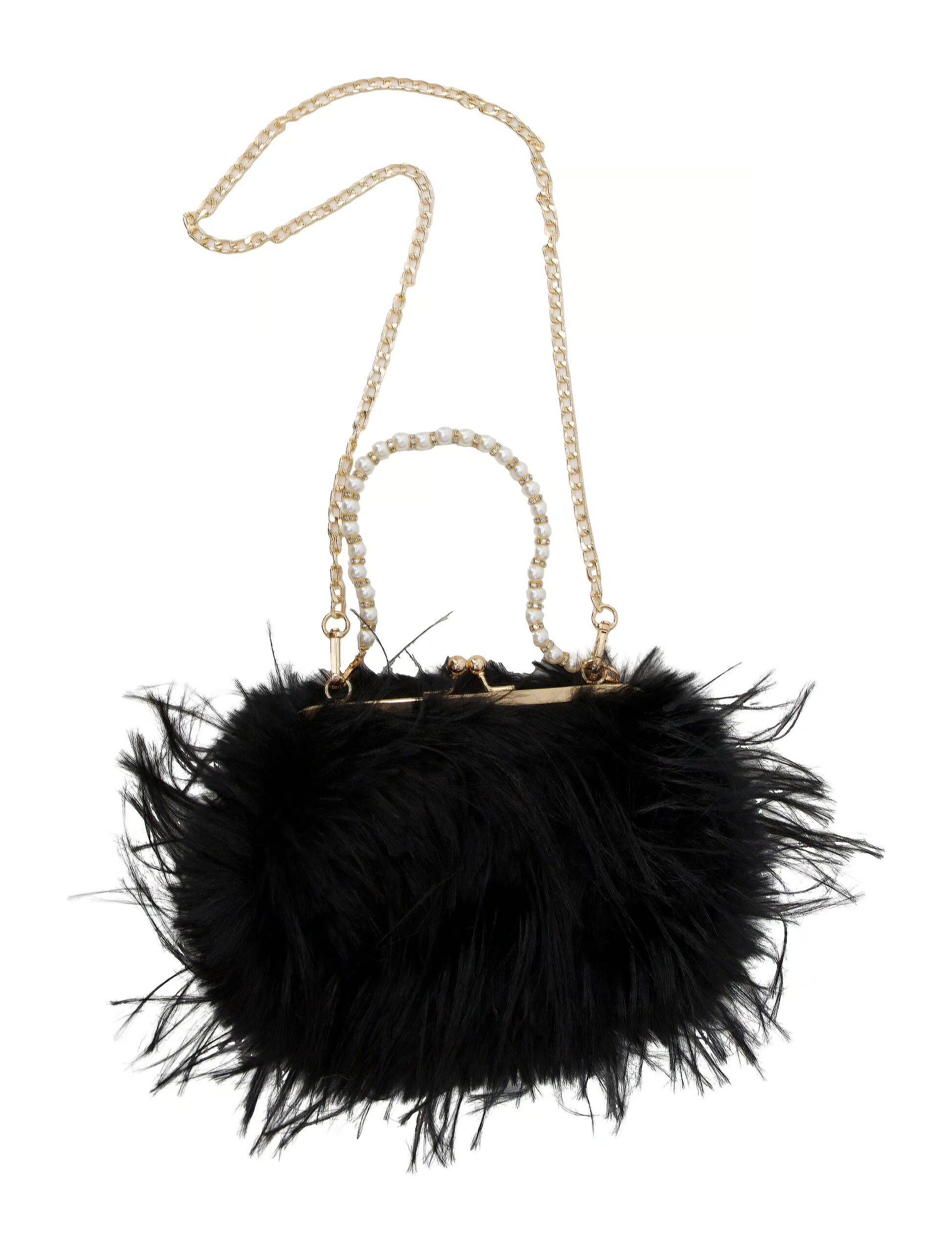 Kostümzubehör Handtasche Kunstfell mit Perlen schwarz 1 Kostümzubehör Handtasche Kunstfell mit Perlen schwarz