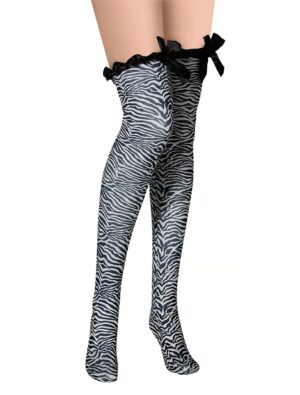 Kostümzubehör Overknee Strümpfe mit Schleife Zebra Damen schwarz/weiß one size