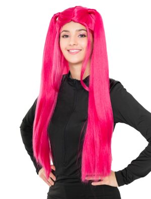 Kostümzubehör Perücke Langhaar glatt mit Zöpfchen Damen pink