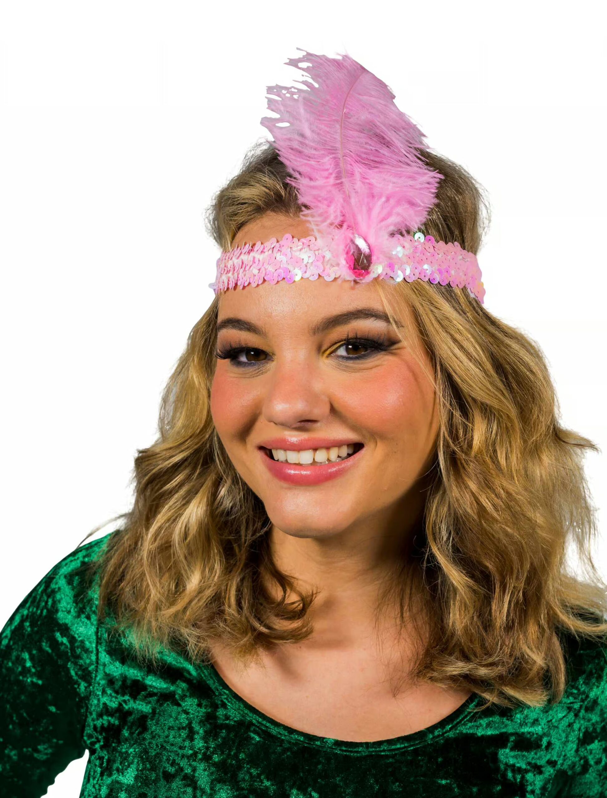 Kostümzubehör Stirnband Pailletten mit Feder rosa 1 Kostümzubehör Stirnband Pailletten mit Feder rosa