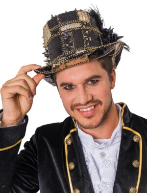 Kostümzubehör Zylinder Pailletten gold/schwarz mit Feder deluxe