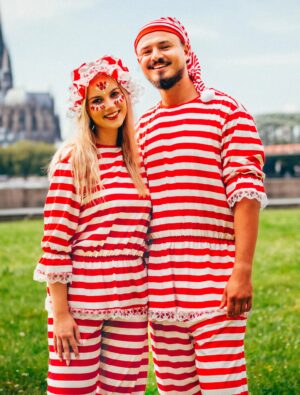 Ringelshirt und Hose mit Spitze 2-tlg. weiß/rot L/XL