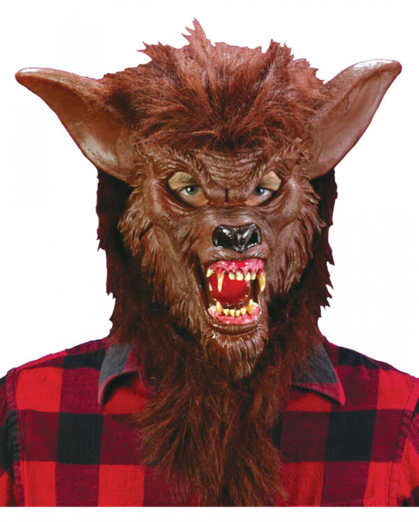 Braune Werwolfmaske mit Acryl Zähnen - Wolfmaske mit braunem