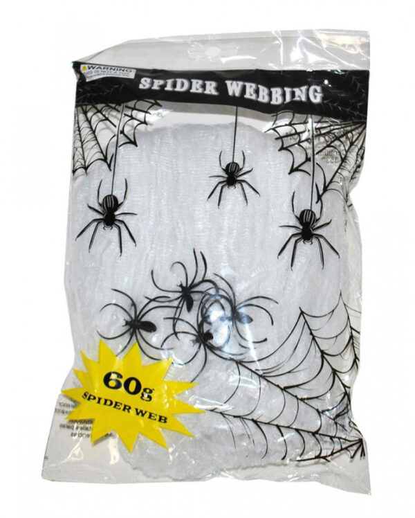 Halloween Spinnweben mit 4 Spinnen   Weißes Horror Spinnennetz