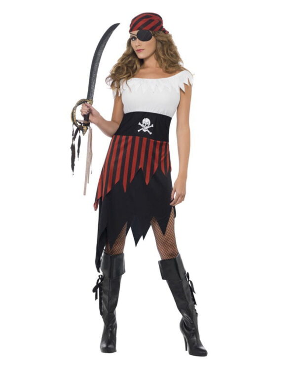 Piratin Kostüm Schwarz-Rot   Fransiges Piraten Kleid  M