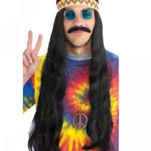 Schwarze Hippie Perücke mit Haarband bestellen!