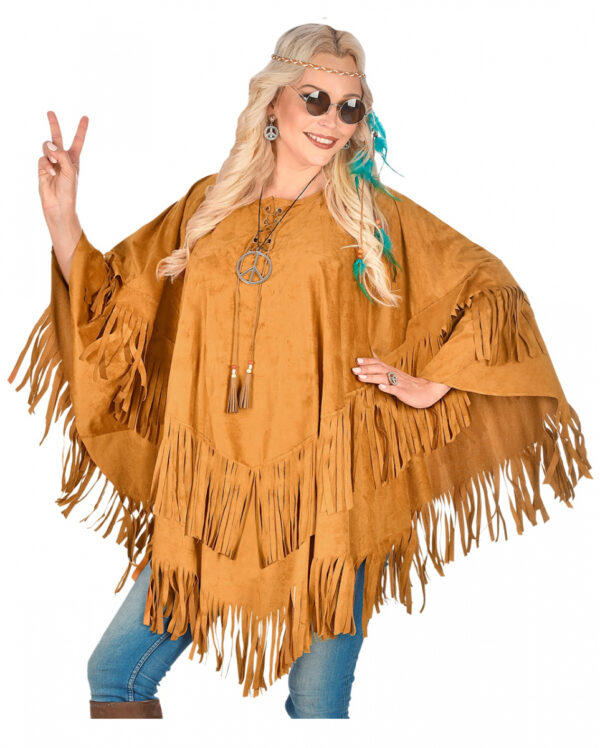 Hippie Poncho Wildleder Look als Kostümzubehör
