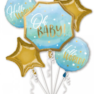 Hello World Folienballon Bouquet Blau für Babypartys