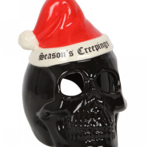 Schwarzer Totenschädel mit Weihnachtsmütze Teelichthalter