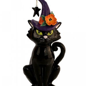 Schwarze Katze mit Hexenhut Keramik Figur 31cm ★