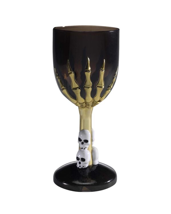 gothic weinglas mit skeletthand und totenkoepfen schwarz gold gothic wineglass with skeleton hand und skulls black and gold