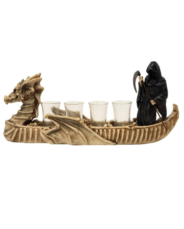 grim reaper im drachen boot schnapsglas halter grim reaper with dragon boat and shotglasses gothic deko 54839 01