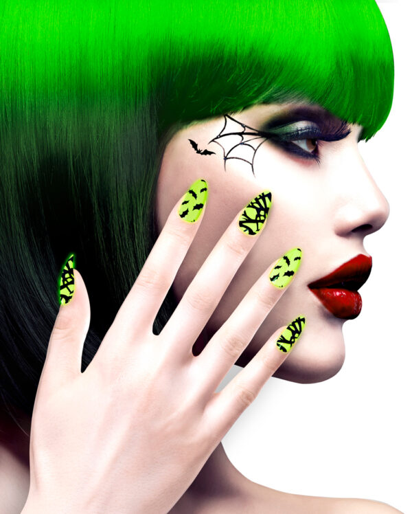 neon gruene fingernaegel mit fledermaus motiv neon green fingernails with black bats selbstklebende fingernaegel 56273 01