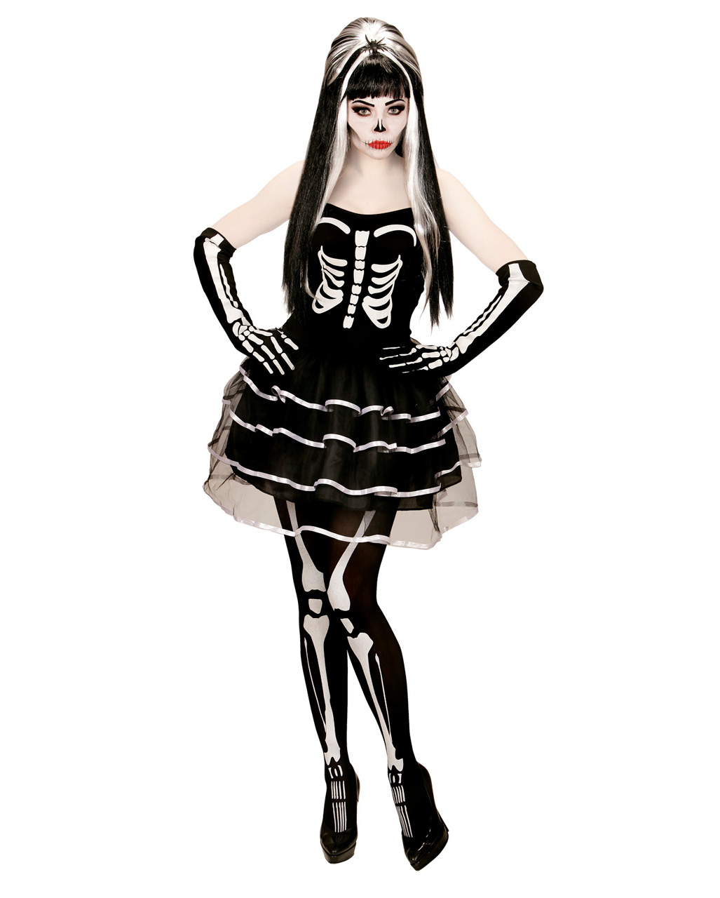 skelett minikleid mit handschuhen skeleton mini dress with gloves skelett frauen kostuem 36605 01