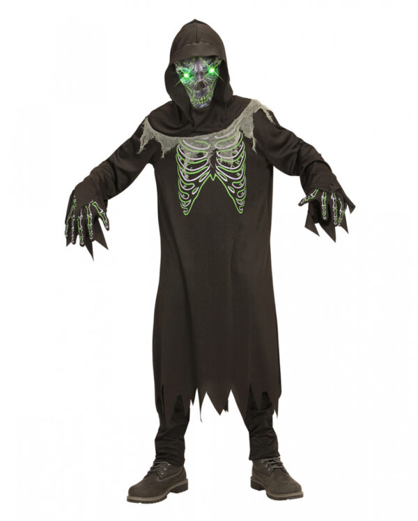 Sensenmann Kostüm für Kinder mit grünen LED Augen für Halloween XL 164