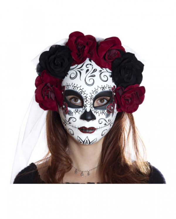 Sugar Skull Maske mit Blumen & Schleier ★