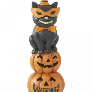 Schwarze Katze auf Halloween Kürbisstapel LED Figur 28cm ➔