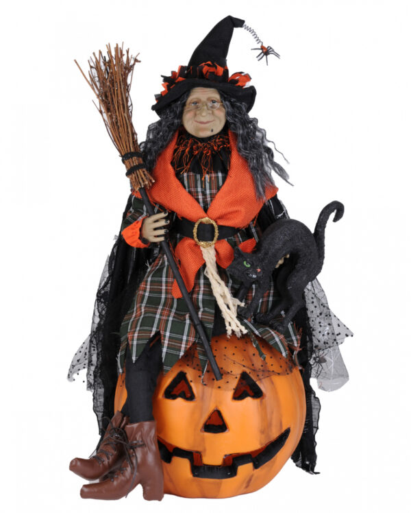Halloween Hexe mit leuchtendem Kürbis & Katze 68cm ✰