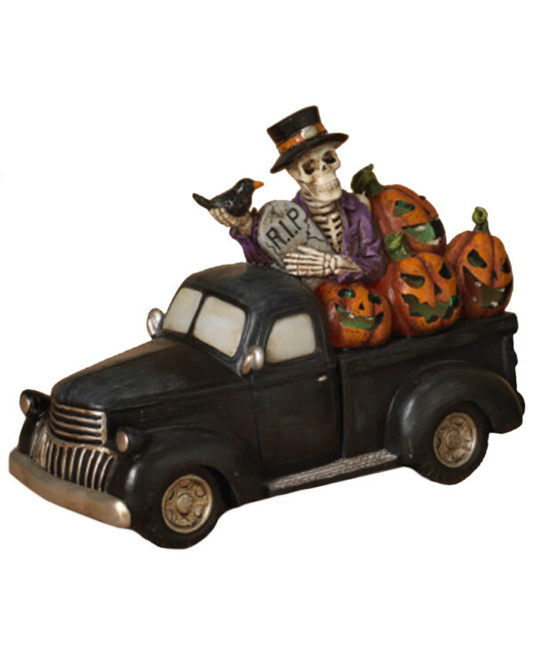 leuchtender halloween pick up mit skelett 24cm lighted resin halloween truck with skeleton 54275