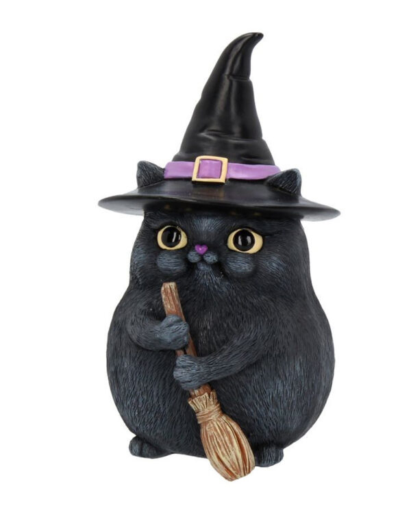 schwarze katze mit hexenhut black cat with witch hat and broom gothic figur geschenkartikel 39255 01