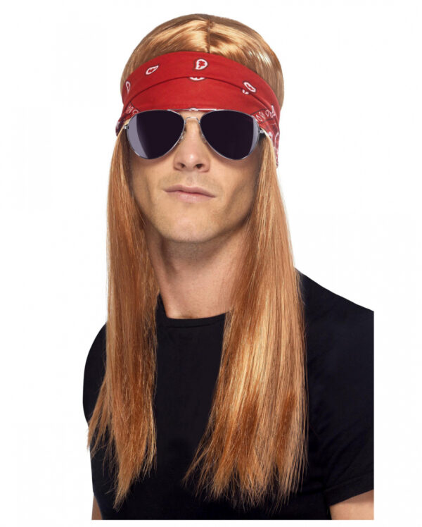 90er Rockstar Perücke Axel mit Stirnband & Brille als