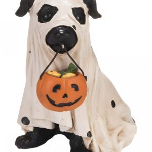 Hund im Gespenst Kostüm mit Kürbis Eimer 13cm für Halloween