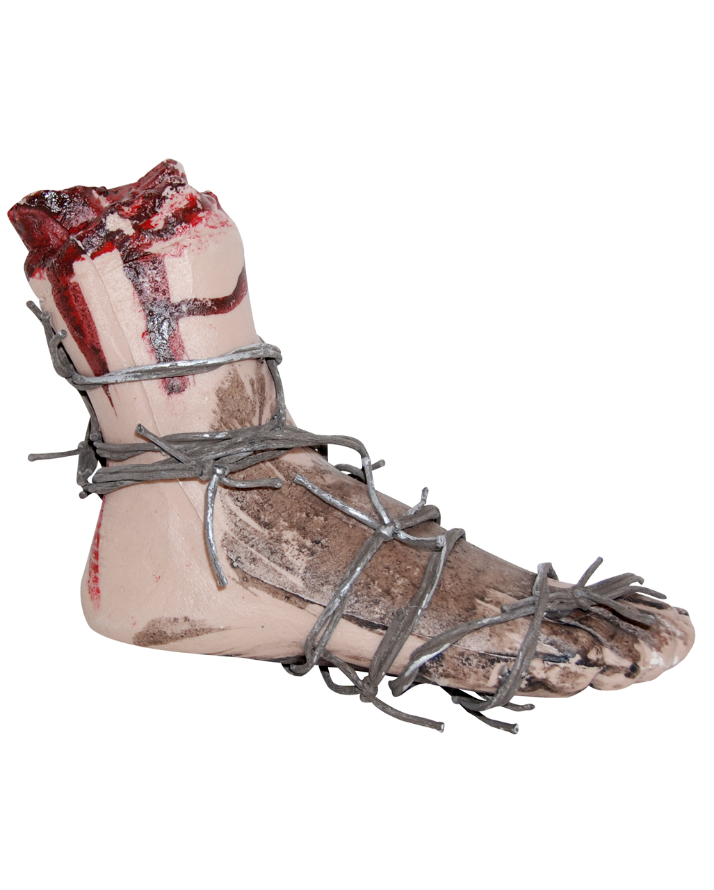 abgetrennter fuss mit stacheldraht umwickelt bloody foot with barbed wire halloween dekoration halloween prop 55455 01