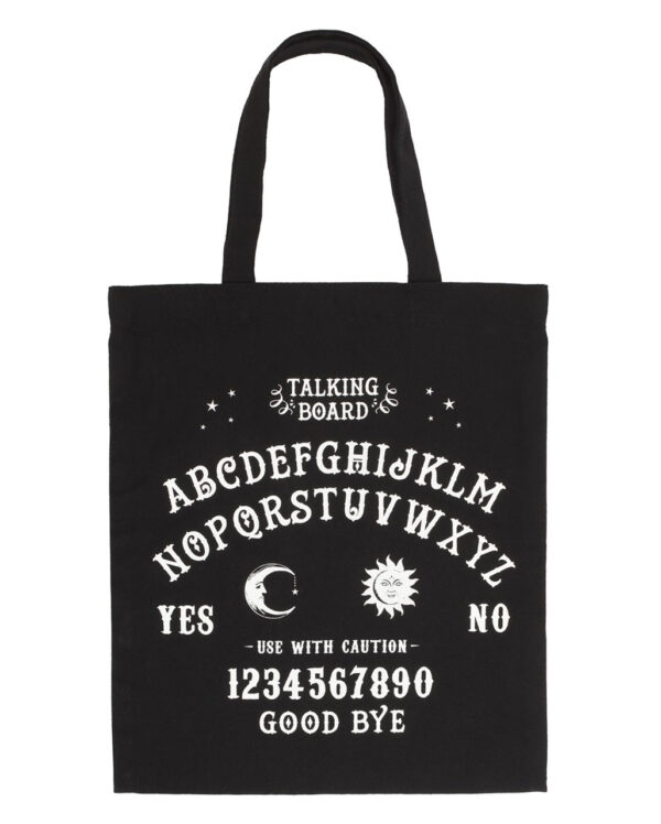 schwarze einkaufstasche mit ouija brett als motiv black shopping bag with talking board motif gothic stofftasche 56548