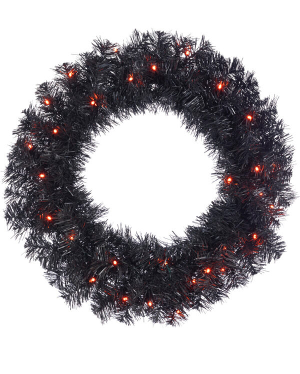 schwarzer halloween kranz mit orangen leds 60cm black halloween wreath with orange led lights 54294