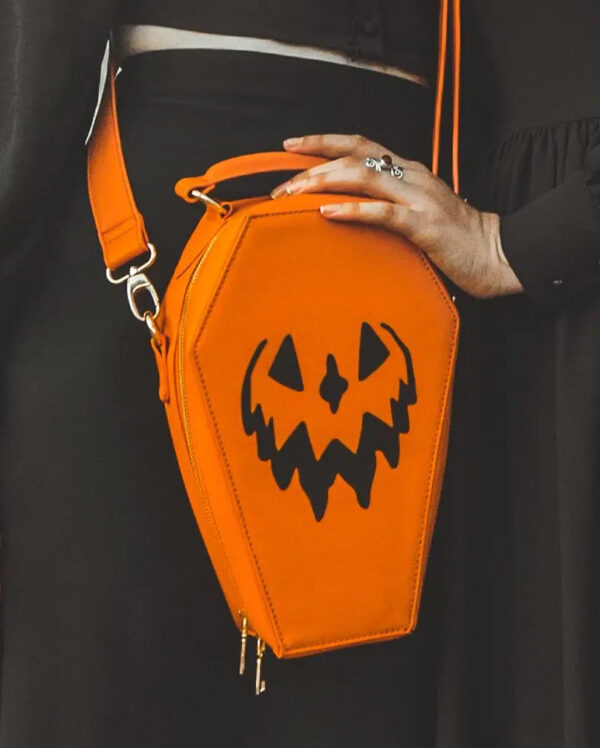 spooky pumpkin sarg handtasche orange haunted hallows coffin shaped bag halloween und gothic geschenkartikel 53302 5